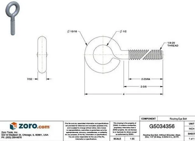 Alt view image 3 of 3 - ZORO SELECT 1WBR1 Routing Eye Bolt Without Shoulder, 1/4"-20, 2-3/8 in Shank,