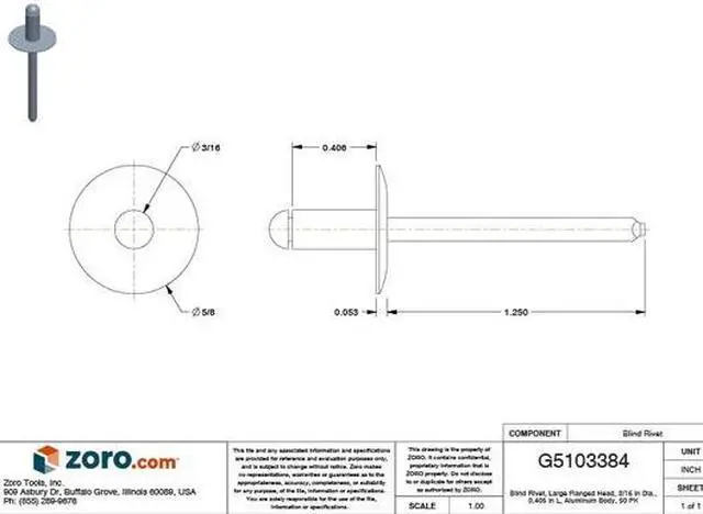 Alt view image 2 of 2 - ZORO SELECT 1903PK Blind Rivet, Dome Head, 3/16 in Dia., 13/32 in L, Aluminum