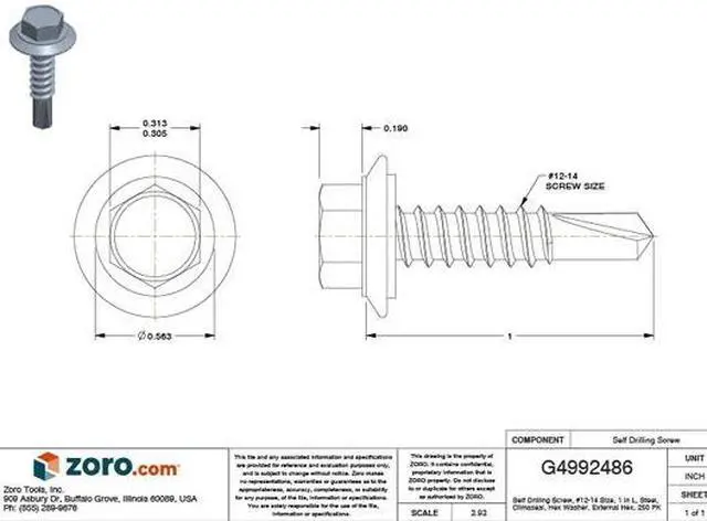 Alt view image 3 of 3 - TEKS 1011000 Self-Drilling Screw, #12 x 1 in, Climaseal Steel Flange Hex Head