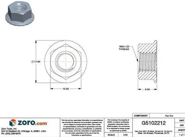 Alt view image 2 of 2 - ZORO SELECT 5916XPK Flange Nut, M8-1.25, Steel, Not Graded, Phosphate, 10 mm