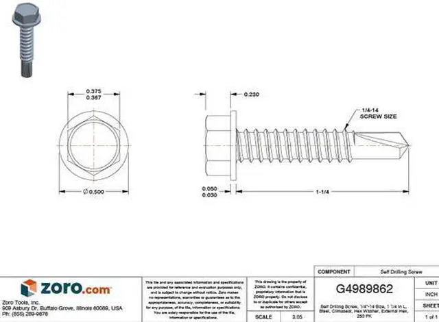 Alt view image 3 of 3 - TEKS 1150000 Self-Drilling Screw, 1/4" x 1-1/4 in, Climaseal Steel Flange Hex