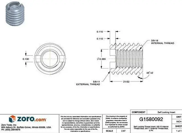 Alt view image 3 of 3 - E-Z LOK 335-6-PK5 Extra Heavy Wall Self Locking Thread Insert, 3/8"-16 Int Thrd