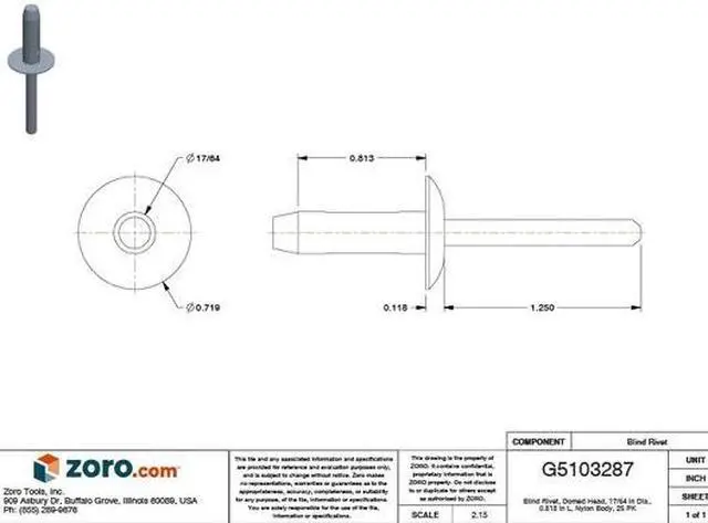 Alt view image 2 of 2 - ZORO SELECT 5775PK Blind Rivet, Dome Head, 17/64 in Dia., 13/16 in L, Nylon