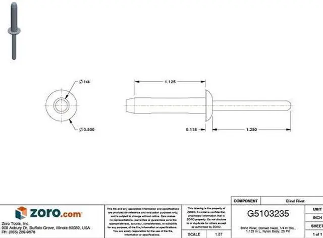 Alt view image 2 of 2 - ZORO SELECT 1390PK Blind Rivet, Dome Head, 1/4 in Dia., 1-1/8 in L, Nylon Body,