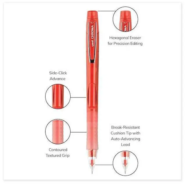 Alt view image 8 of 18 - Uni-ball Chroma Mechanical Pencil, 0.7 mm, HB (#2), Black Lead, Red Barrel, Dozen