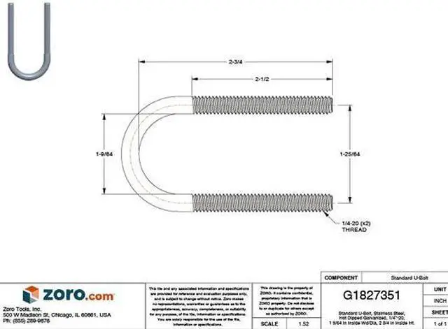 Alt view image 2 of 2 - CALBRITE S61000UB00 Round U-Bolt, 1/4"-20, 1 9/64 in W, 2 3/4 in H, Plain