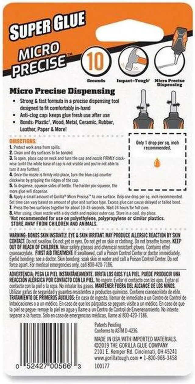 Alt view image 4 of 8 - Gorilla Glue 102862CT Super Glue Micro Precise, 0.19 oz., Dries Clear, 4/Carton