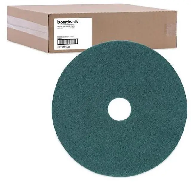 Alt view image 8 of 9 - Boardwalk Standard Heavy-Duty Scrubbing Floor Pads 19" Diameter Green 5/Carton