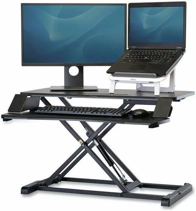 Alt view image 8 of 17 - fellowes corsivo height adjustable standing desk, sit to stand, gas spring riser converter, tabletop workstation, desk riser 8091001