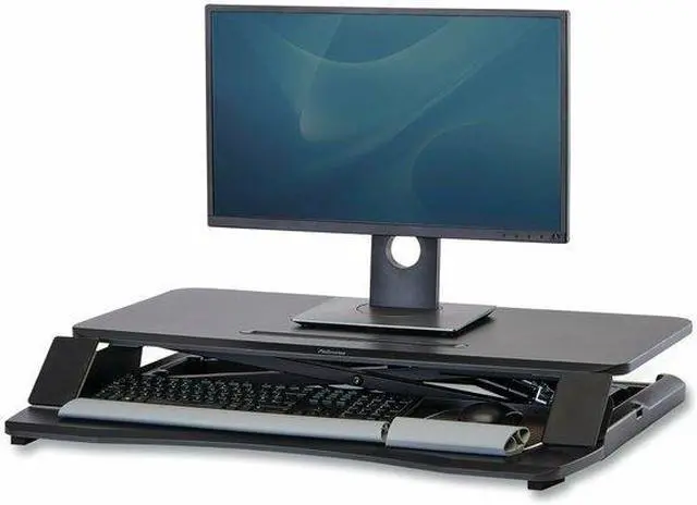 Alt view image 9 of 17 - fellowes corsivo height adjustable standing desk, sit to stand, gas spring riser converter, tabletop workstation, desk riser 8091001