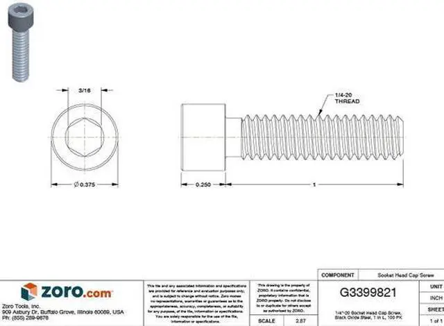 Alt view image 2 of 2 - ZORO SELECT U07000.025.0100 1/4"-20 Socket Head Cap Screw, Socket, Black Oxide