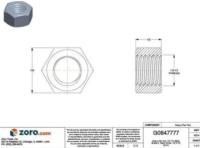 Alt view image 2 of 2 - ZORO SELECT 1XA38 1/2"-13 Grade C Plain Finish Carbon Steel Heavy Hex Nuts, 50