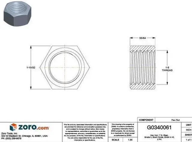 Alt view image 2 of 2 - FABORY N01100.100.0001 1"-8 Grade 5 Plain Finish Carbon Steel Hex Nuts, 5 pk.
