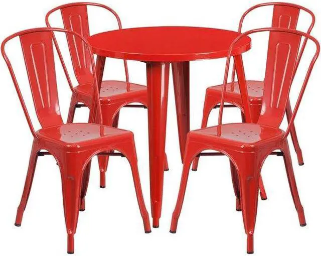 Alt view image 5 of 7 - 30'' Round Red Metal Indoor-Outdoor Table Set with 4 Cafe Chairs