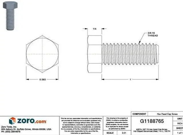 Main image of ZORO SELECT HCI20370100G-100P Grade A307, 3/8"-16 Hex Head Cap Screw, Hot