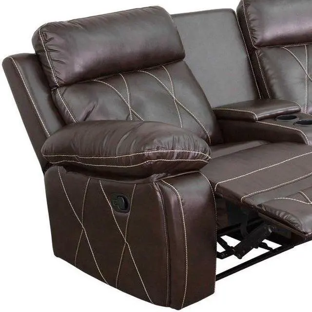 Alt view image 12 of 12 - Reel Comfort Series 3-Seat Reclining Brown LeatherSoft Theater Seating Unit with Curved Cup Holders