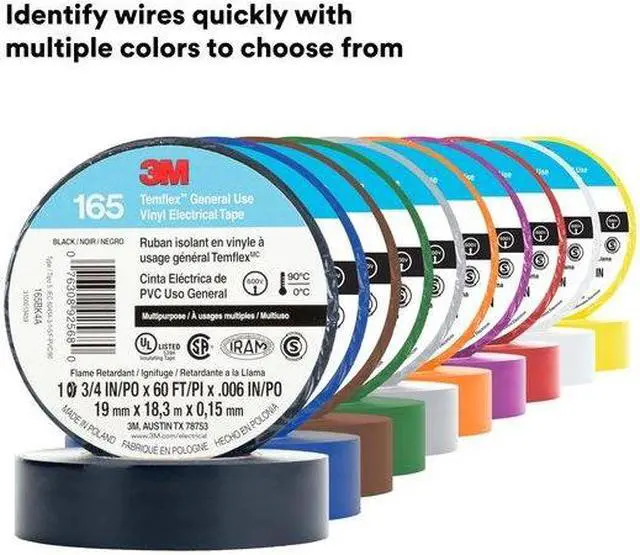 Alt view image 9 of 12 - 3M Temflex Vinyl Electrical Tape 165 Multi-purpose 3/4" X 60FT Black 10 Rolls