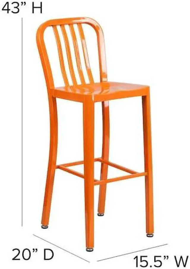 Alt view image 18 of 20 - Commercial Grade 30" High Orange Metal Indoor-Outdoor Barstool with Vertical Slat Back