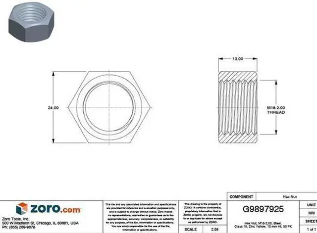 Alt view image 2 of 2 - ZORO SELECT M04122.160.0001 Hex Nut, M16-2.00, Steel, Class 10, Zinc Yellow, 13