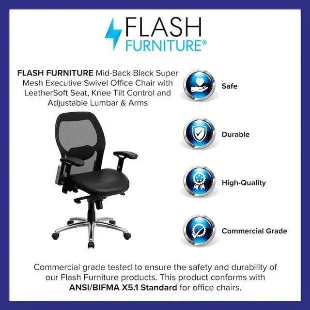 Alt view image 11 of 15 - Mid-Back Black Super Mesh Executive Swivel Chair with Leather Seat, Knee Tilt Control and Adjustable Arms