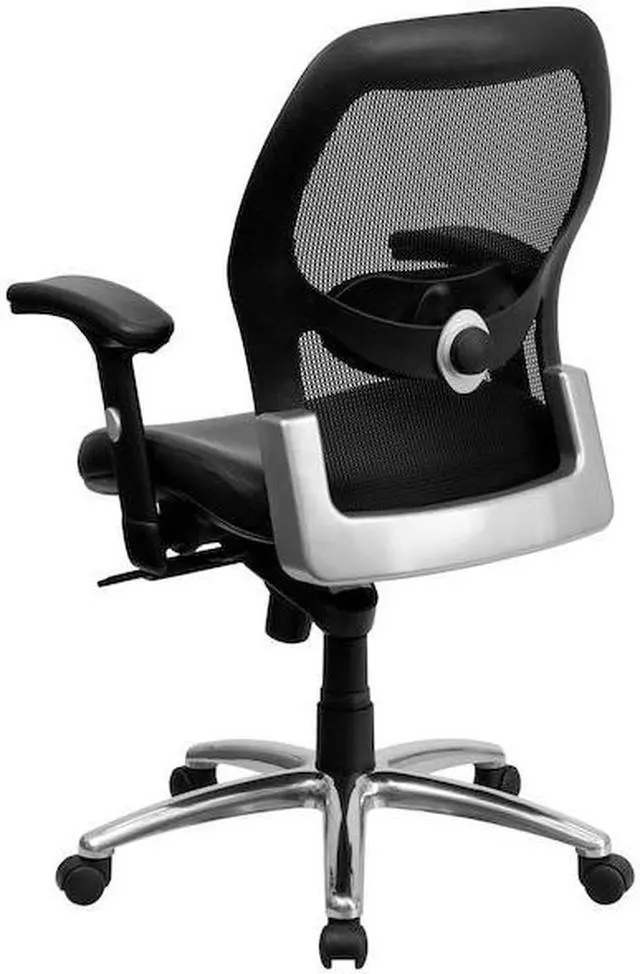 Alt view image 14 of 15 - Mid-Back Black Super Mesh Executive Swivel Chair with Leather Seat, Knee Tilt Control and Adjustable Arms