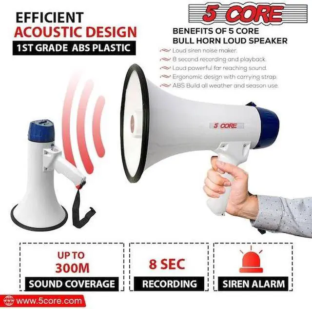 Alt view image 9 of 15 - 5 Core Megaphone 20W Bull Horn 300 Yard Range w Loud Siren Portable Volume Control Voice Amplifier Horn Cheer Noise Maker for Coaches Sporting Event Party Crowd Control - 20R WoB
