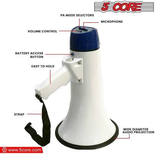 Alt view image 10 of 15 - 5 Core Megaphone 20W Bull Horn 300 Yard Range w Loud Siren Portable Volume Control Voice Amplifier Horn Cheer Noise Maker for Coaches Sporting Event Party Crowd Control - 20R WoB
