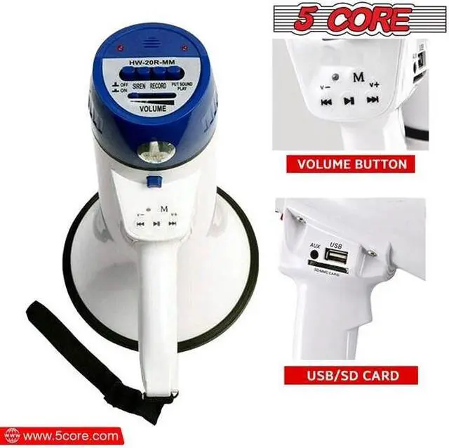Alt view image 11 of 15 - 5 Core Megaphone Bullhorn Speaker 30W Bull Horn Battery Power Mini Cheer Megafono 800 Feet Range Loudspeaker w Siren Recording Ergonomic Handle for Coaches Football Baseball Cheerleading - 8R-USB-WB