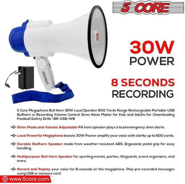 Alt view image 12 of 15 - 5 Core Megaphone Bullhorn Speaker 30W Bull Horn Battery Power Mini Cheer Megafono 800 Feet Range Loudspeaker w Siren Recording Ergonomic Handle for Coaches Football Baseball Cheerleading - 8R-USB-WB