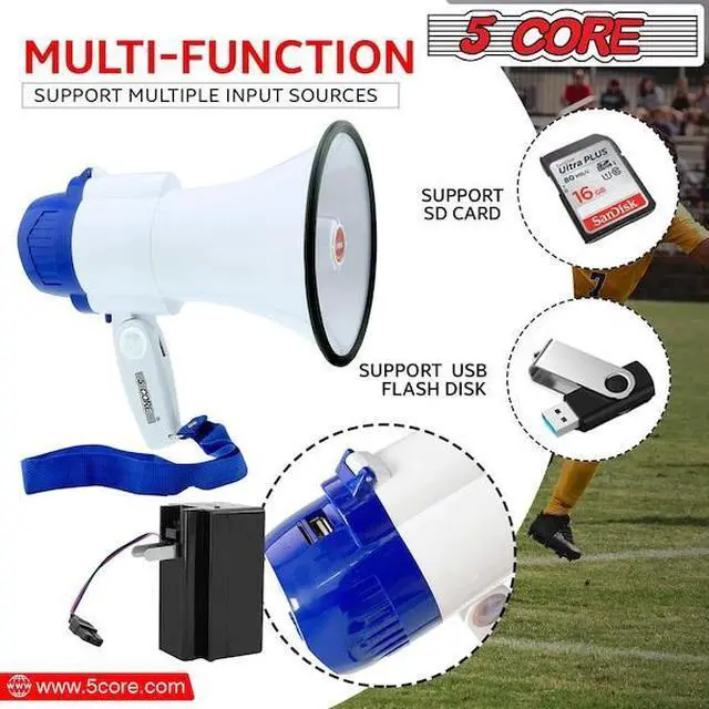 Alt view image 13 of 15 - 5 Core Megaphone Bullhorn Speaker 30W Bull Horn Battery Power Mini Cheer Megafono 800 Feet Range Loudspeaker w Siren Recording Ergonomic Handle for Coaches Football Baseball Cheerleading - 8R-USB-WB