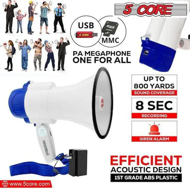 Alt view image 15 of 15 - 5 Core Megaphone Bullhorn Speaker 30W Bull Horn Battery Power Mini Cheer Megafono 800 Feet Range Loudspeaker w Siren Recording Ergonomic Handle for Coaches Football Baseball Cheerleading - 8R-USB-WB