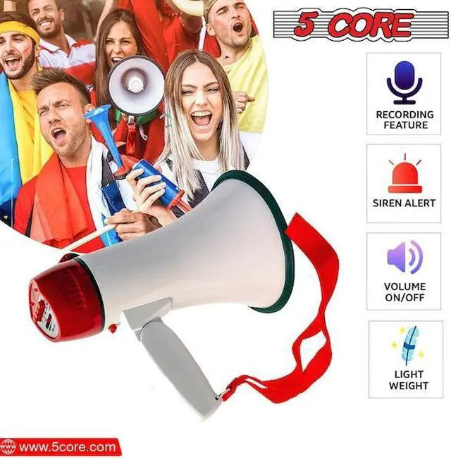 Alt view image 11 of 20 - 5 Core Megaphone Bullhorn Speaker 30W Bull Horn Battery Power Mini Cheer Megafono 800 Feet Range Loudspeaker W Siren Recording Ergonomic Handle for Coaches Football Baseball Cheerleading - 6R