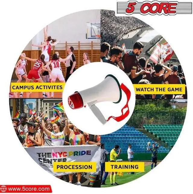 Alt view image 12 of 20 - 5 Core Megaphone Bullhorn Speaker 30W Bull Horn Battery Power Mini Cheer Megafono 800 Feet Range Loudspeaker W Siren Recording Ergonomic Handle for Coaches Football Baseball Cheerleading - 6R