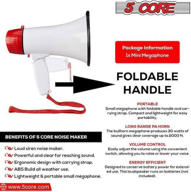 Alt view image 16 of 20 - 5 Core Megaphone Bullhorn Speaker 30W Bull Horn Battery Power Mini Cheer Megafono 800 Feet Range Loudspeaker W Siren Recording Ergonomic Handle for Coaches Football Baseball Cheerleading - 6R