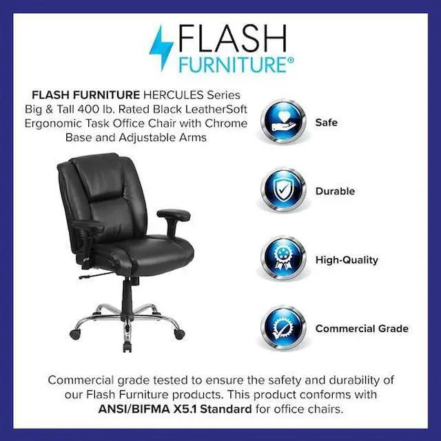 Alt view image 19 of 20 - HERCULES Series Big & Tall 400 lb. Rated Black LeatherSoft Ergonomic Task Office Chair with Chrome Base and Adjustable Arms