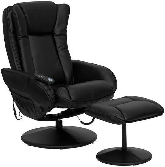 Alt view image 17 of 20 - Massaging Multi-Position Plush Recliner with Side Pocket and Ottoman in Black LeatherSoft