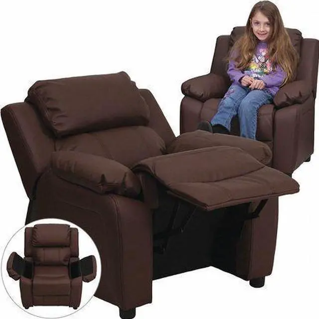 Alt view image 15 of 20 - Flash Furniture BT-7985-KID- BRN-LEA-GG Deluxe Heavily Padded Contemporary Brown Leather Kids Recliner with Storage Arms