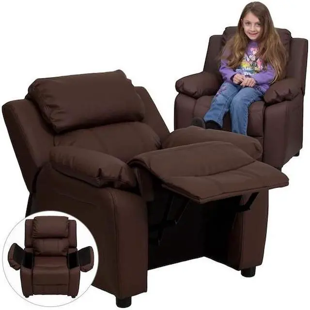Alt view image 17 of 20 - Flash Furniture BT-7985-KID- BRN-LEA-GG Deluxe Heavily Padded Contemporary Brown Leather Kids Recliner with Storage Arms