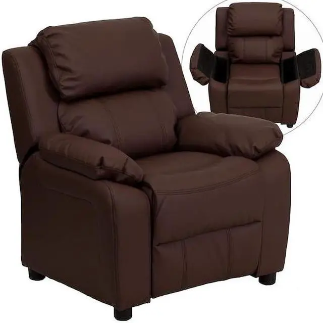 Alt view image 20 of 20 - Flash Furniture BT-7985-KID- BRN-LEA-GG Deluxe Heavily Padded Contemporary Brown Leather Kids Recliner with Storage Arms