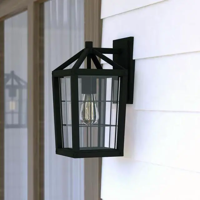 Alt view image 6 of 7 - VAXCEL T0589 Gage 7-in Black Outdoor Farmhouse Wire Cage Wall Lantern, Dusk to