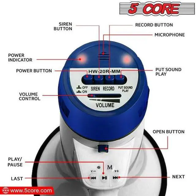 Alt view image 14 of 15 - 5 Core Megaphone 20W Bull Horn 300 Yard Range w Loud Siren Portable Volume Control Voice Amplifier Horn Cheer Noise Maker for Coaches Sporting Event Party Crowd Control - 20R WoB