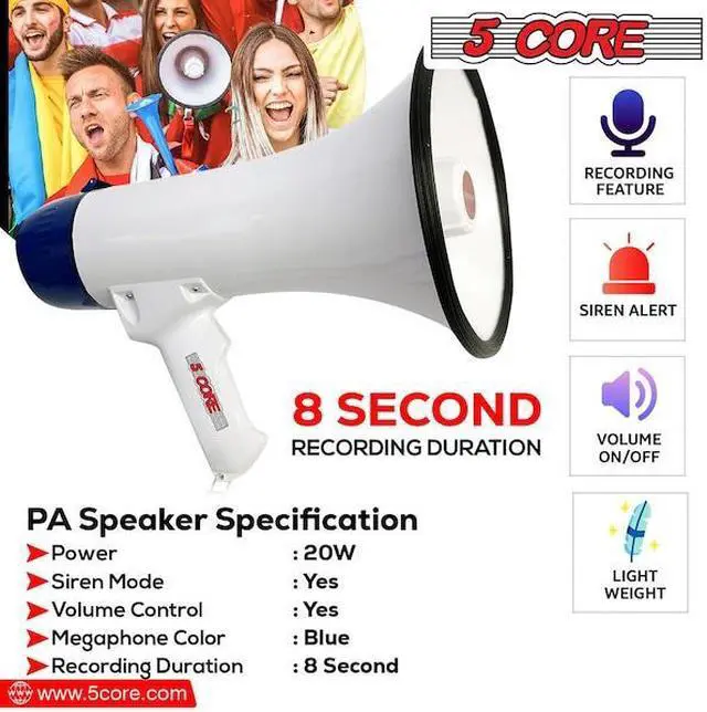 Alt view image 11 of 15 - 5 Core Megaphone 20W Bull Horn 300 Yard Range w Loud Siren Portable Volume Control Voice Amplifier Horn Cheer Noise Maker for Coaches Sporting Event Party Crowd Control - 20R WoB