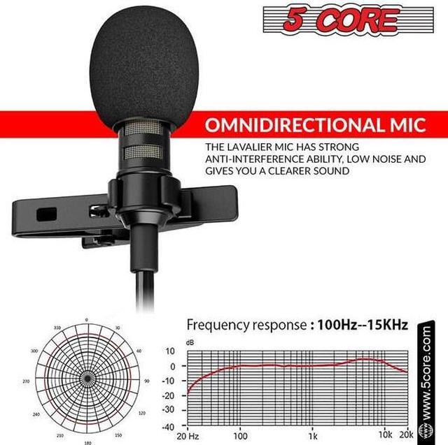 Alt view image 10 of 15 - 5 Core Premium Lavalier Microphone Lapel Clip-on Mini Wired Omnidirectional Condenser Mic for Podcasting, Recording, Vlogging, Android, Smartphone, DSLR, Camera, Computer, Laptop