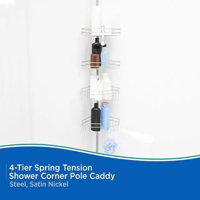 Alt view image 3 of 6 - KENNEY MFG KN61519 4-Tier Spring Tension Shower Corner Pole Caddy, Satin Nickel