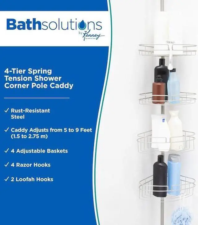 Alt view image 2 of 6 - KENNEY MFG KN61519 4-Tier Spring Tension Shower Corner Pole Caddy, Satin Nickel