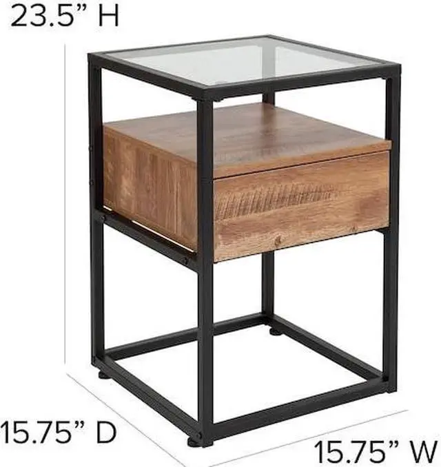 Alt view image 6 of 19 - Flash Furniture Cumberland Collection Glass End Table with Drawer and Shelf, Rustic Wood Grain Finish