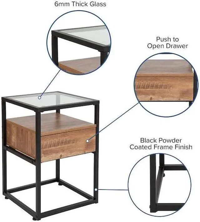 Alt view image 11 of 19 - Flash Furniture Cumberland Collection Glass End Table with Drawer and Shelf, Rustic Wood Grain Finish