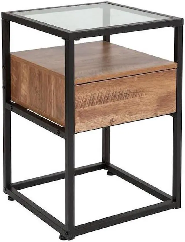 Alt view image 9 of 19 - Flash Furniture Cumberland Collection Glass End Table with Drawer and Shelf, Rustic Wood Grain Finish
