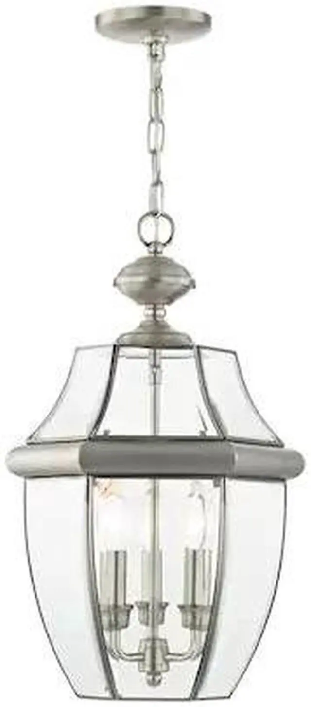Alt view image 2 of 6 - Livex Lighting 2355-91 Monterey 3 Light Outdoor Brushed Nickel Finish Solid Brass Hanging Lantern with Clear Beveled Glass
