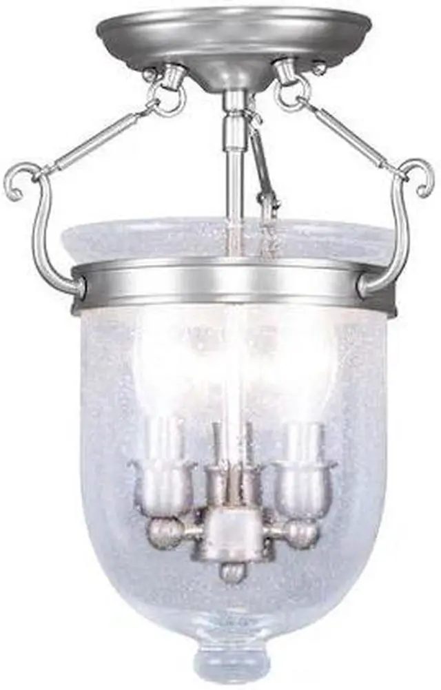 Alt view image 2 of 2 - Livex Lighting 5081-91 Jefferson 3 Light Brushed Nickel Bell Jar Semi Flush with Seeded Glass